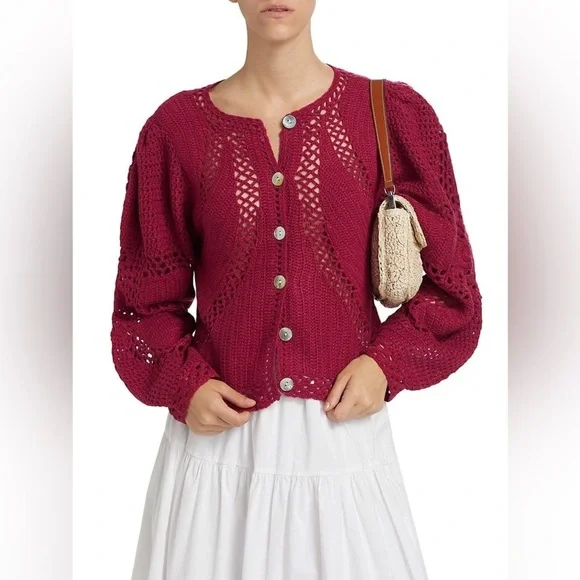 New! FARM Rio Flower Crochet Knit Burgundy Rec Cardigan ♥️ Small NWT! - Picture 2 of 12
